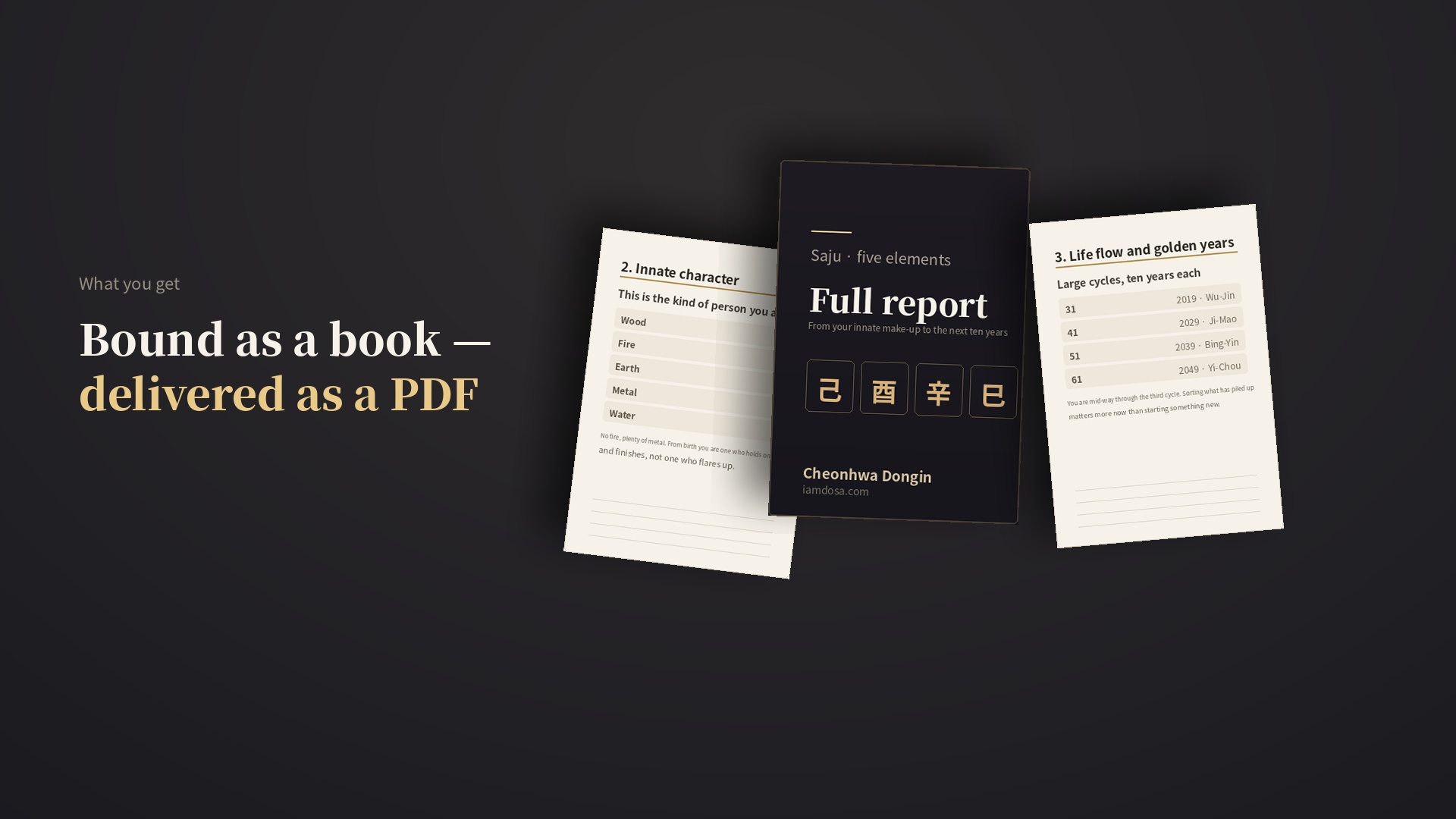 Five Elements Saju Full Report — Saju (Korean Four Pillars) reading by birth date & hour
